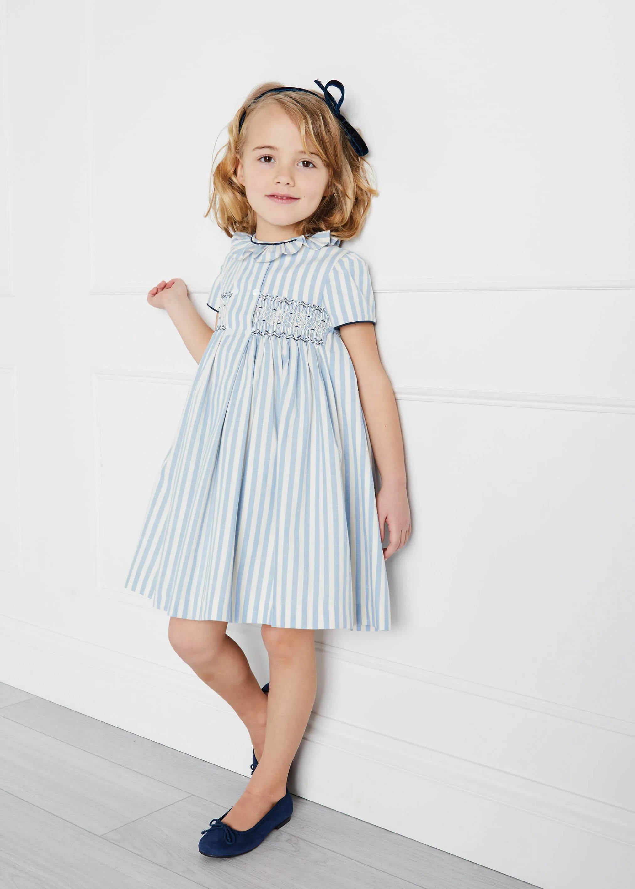 Blue Handsmocked Delicate Stripe Short Sleeve Dress (12mths-10yrs)