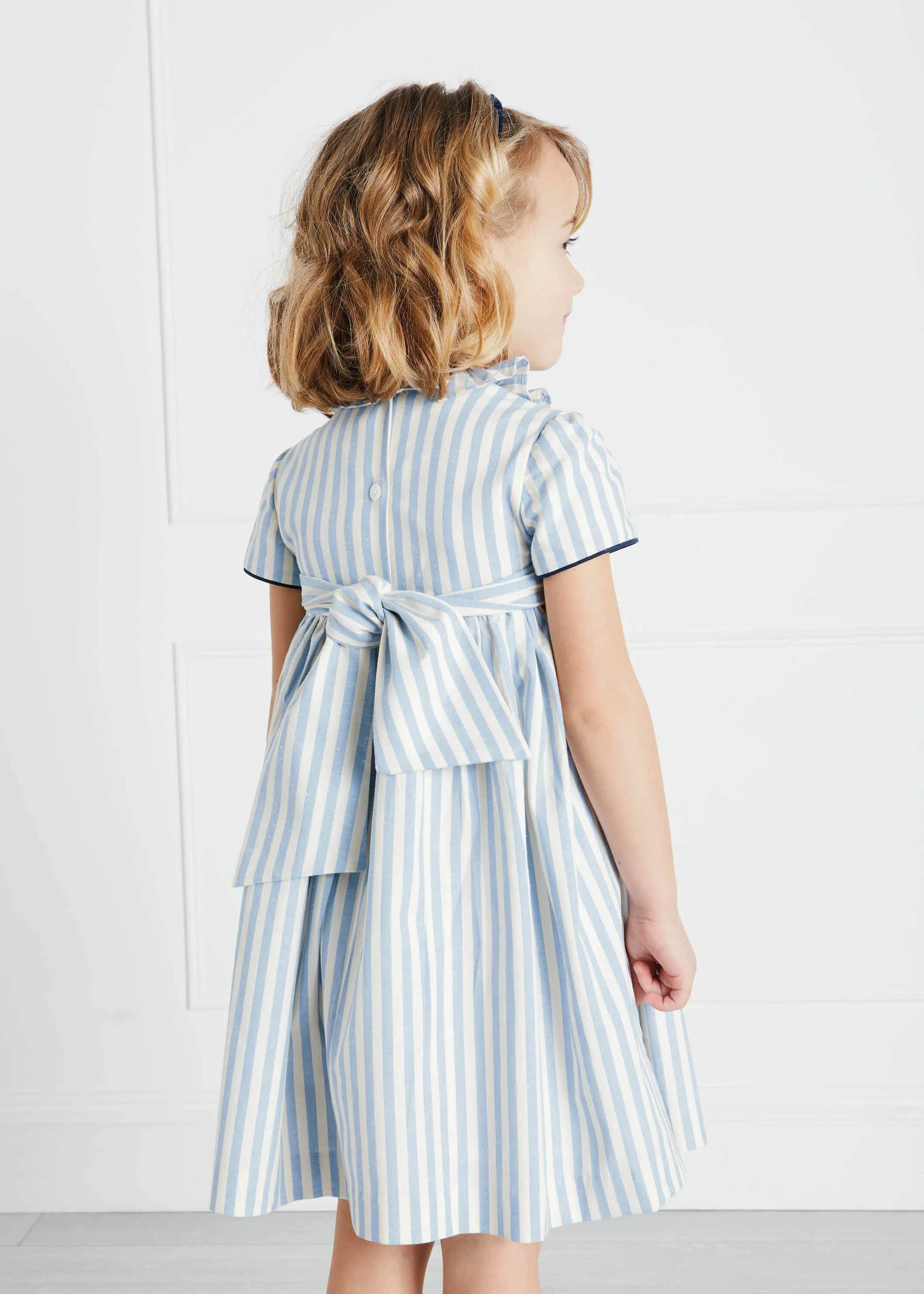 Blue Handsmocked Delicate Stripe Short Sleeve Dress (12mths-10yrs)